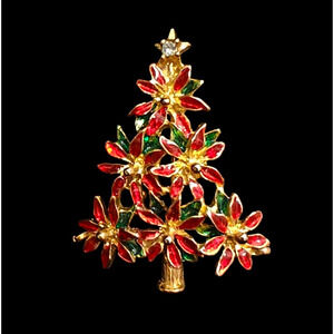 Lia Signed Red Enamel Poinsettia Flowers Christmas Tree Pin Brooch Vintage